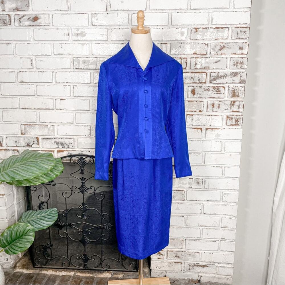 Vintage 90s Adrianna Papell Cobalt Blue Silk Two Piece Skirt Suit Set 6